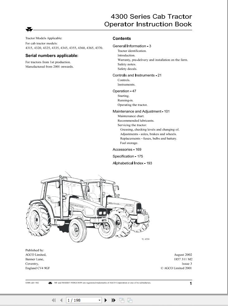 Massey Ferguson Tractor 4315 to 4370 Operator Manual 1857311M2 1