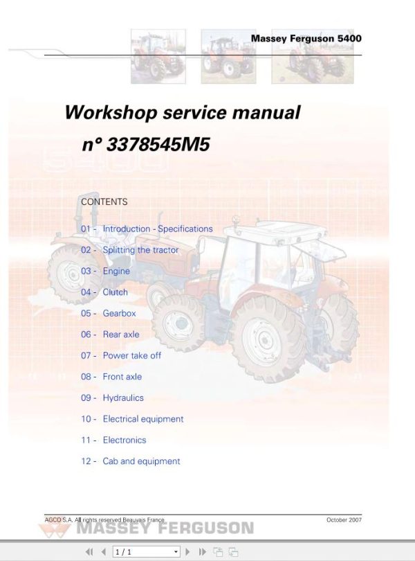 Massey Ferguson Tractor 5425 to 5470 Workshop Service Manual 3378545M5 1