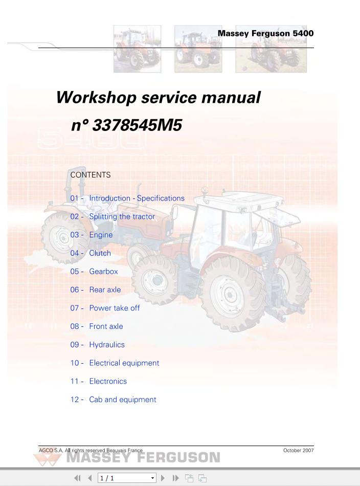 Massey Ferguson Tractor 5425 to 5470 Workshop Service Manual 3378545M5 1