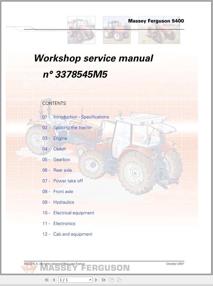Massey Ferguson Tractor 5425 to 5475 SA Workshop Service Manual 3378545M5 1