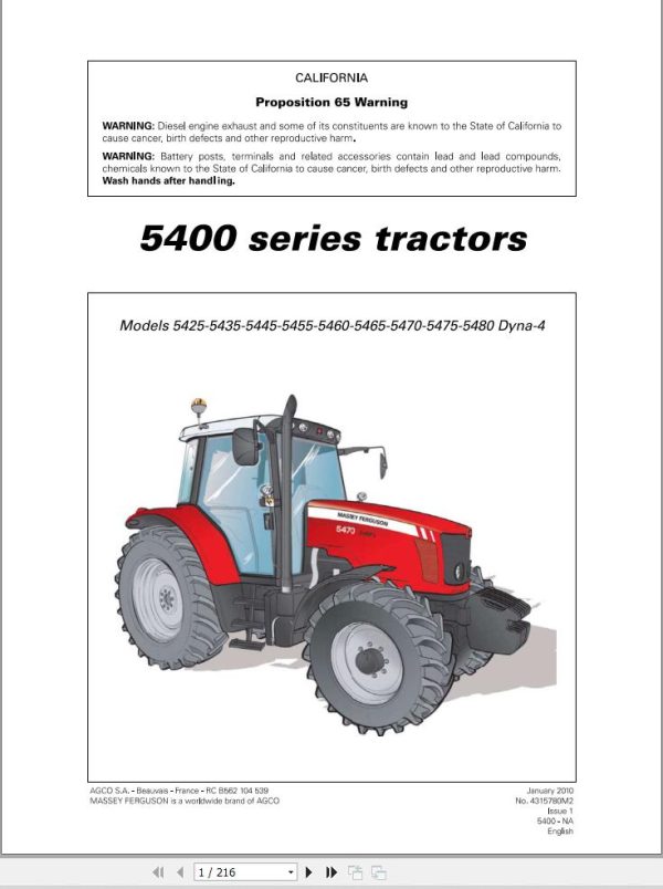 Massey Ferguson Tractor 5425 to 5480 Dyna 4 Operator Manual 4315780M2 1