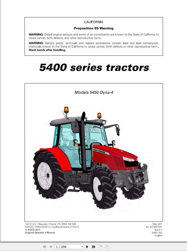 Massey Ferguson Tractor 5450 Dyna4 Operator Manual 4373021M1 1