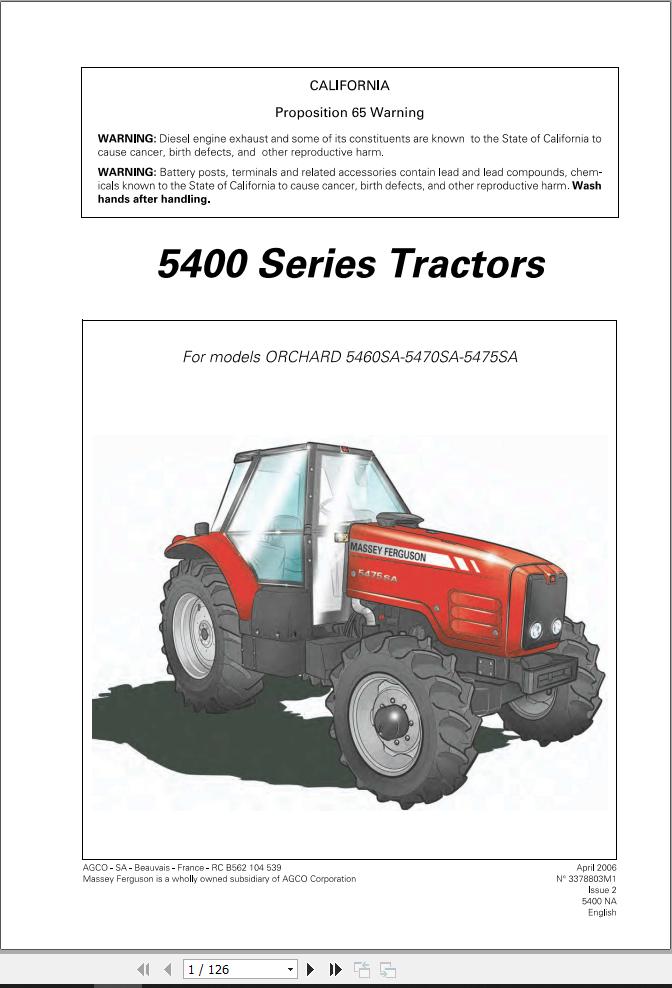 Massey Ferguson Tractor 5460SA 5470SA 5475SA Operator Manual 1