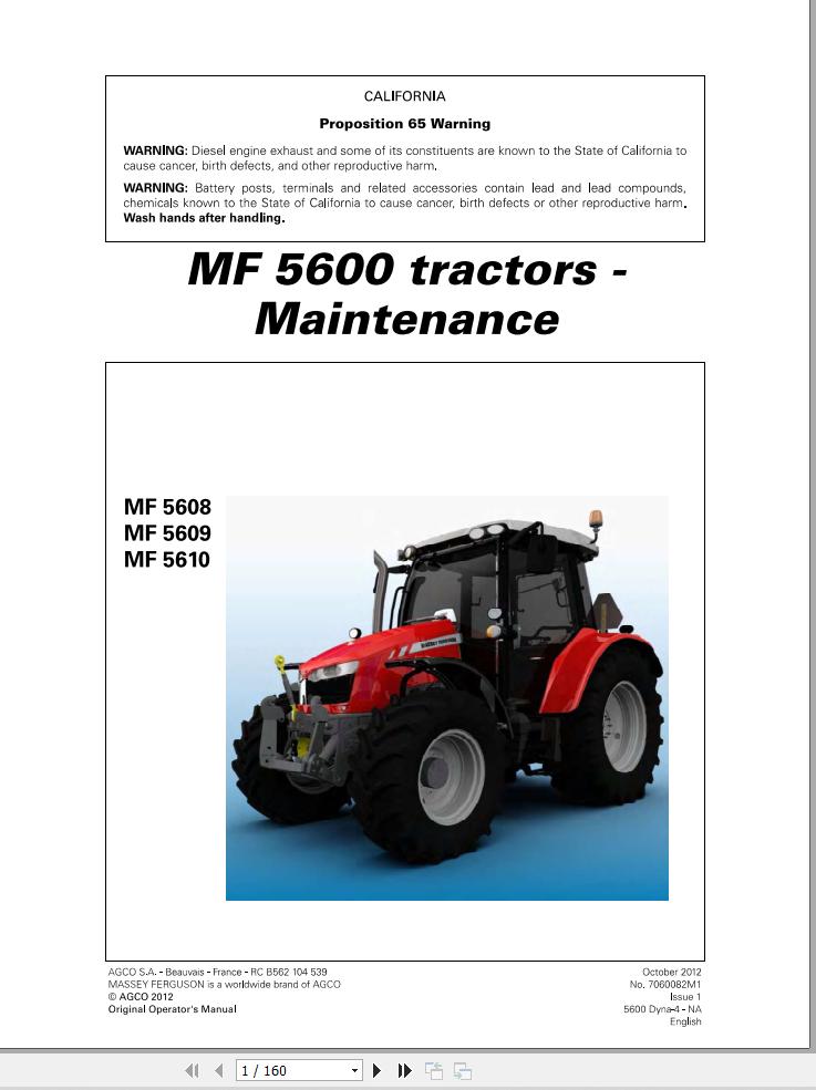 Massey Ferguson Tractor 5608 5609 5610 Maintenance Manual 7060082M1 1