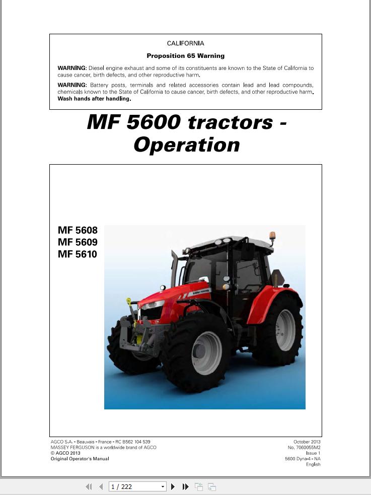 Massey Ferguson Tractor 5608 5609 5610 Operation Manual 7060055M2 1