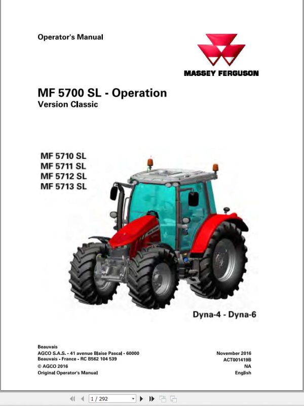 Massey Ferguson Tractor 5710SL to 5713SL Dyna 4 6 Operation Manual 1