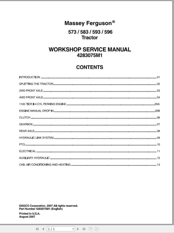 Massey Ferguson Tractor 573 583 593 596 Workshop Service Manual 4283075M1 1