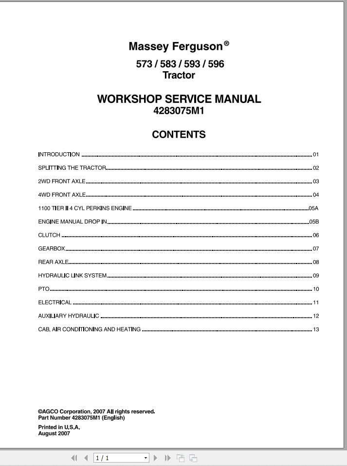 Massey Ferguson Tractor 573 583 593 596 Workshop Service Manual 4283075M1 1