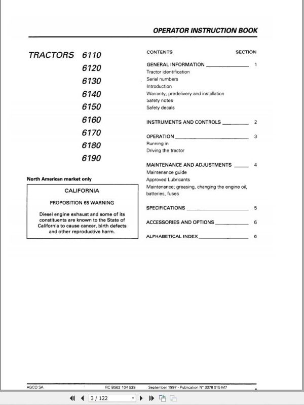 Massey Ferguson Tractor 6110 to 6190 Operator Manual 3378015M7 1