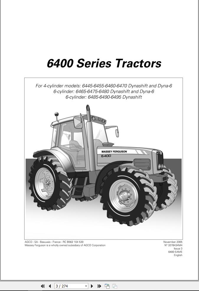 Massey Ferguson Tractor 6400 Series Operator Manual 3378434M4 1