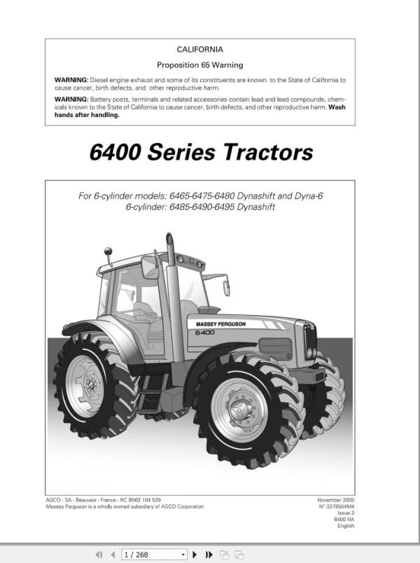 Massey Ferguson Tractor 6400 Series Operator Manual 3378504M4 1