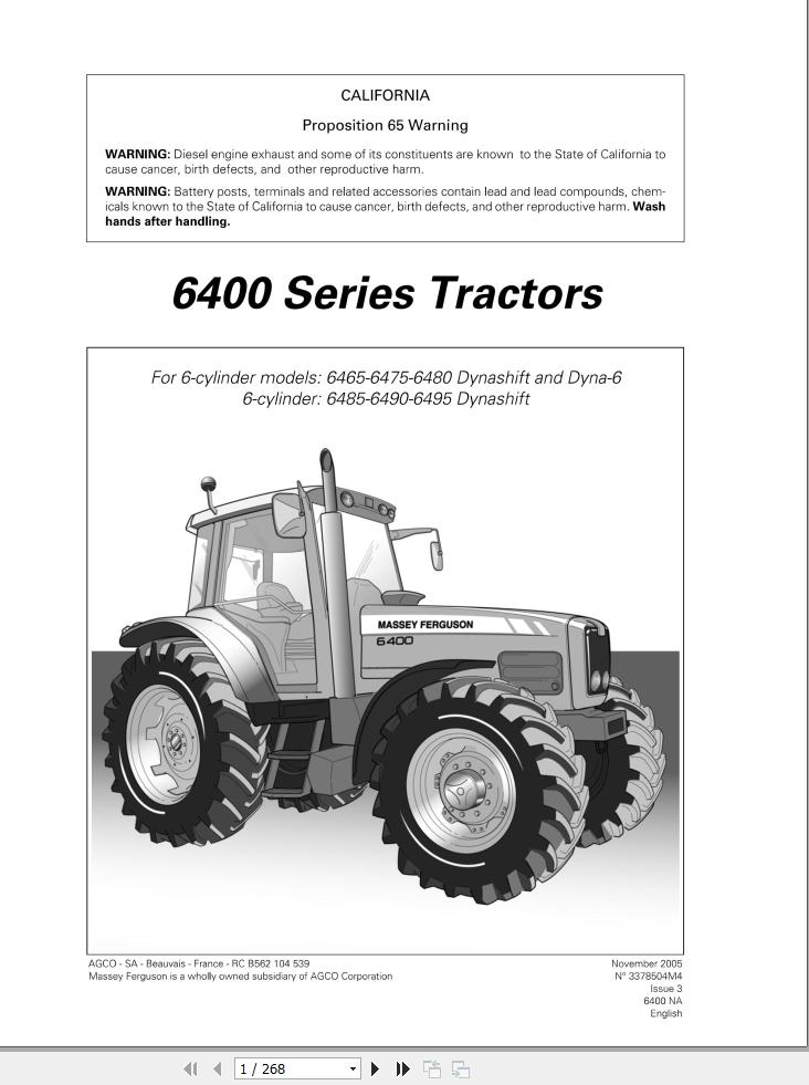 Massey Ferguson Tractor 6400 Series Operator Manual 3378504M4 1