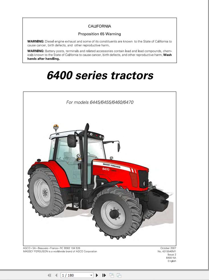 Massey Ferguson Tractor 6445 6455 6460 6470 Operator Manual 1