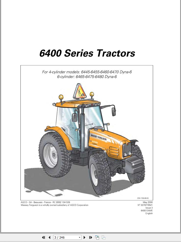 Massey Ferguson Tractor 6445 to 6480 Dyna6 Operator Manual 3378776M1 1