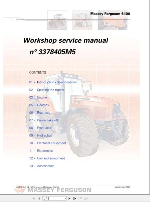 Massey Ferguson Tractor 6445 to 6499 Workshop Service Manual 3378405M5 1