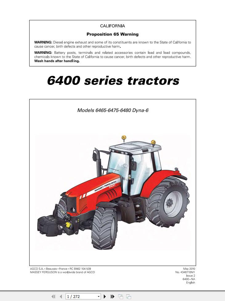 Massey Ferguson Tractor 6465 6475 6480 Dyna6 Operator Manual 1