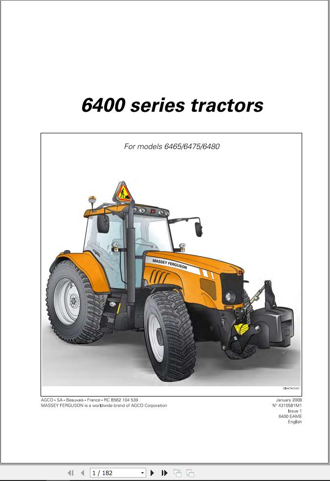 Massey Ferguson Tractor 6465 6475 6480 Operator Manual 4315581M1 1