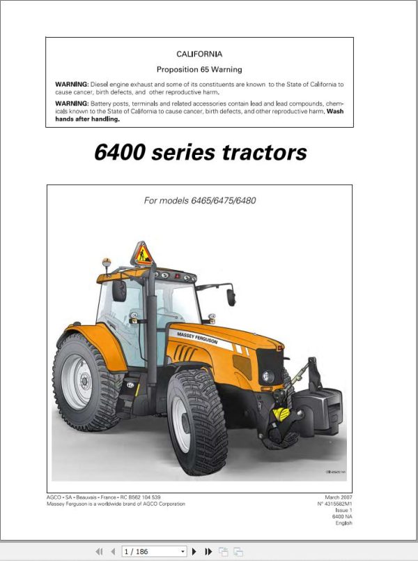 Massey Ferguson Tractor 6465 6475 6480 Operator Manual 4315582M1 1