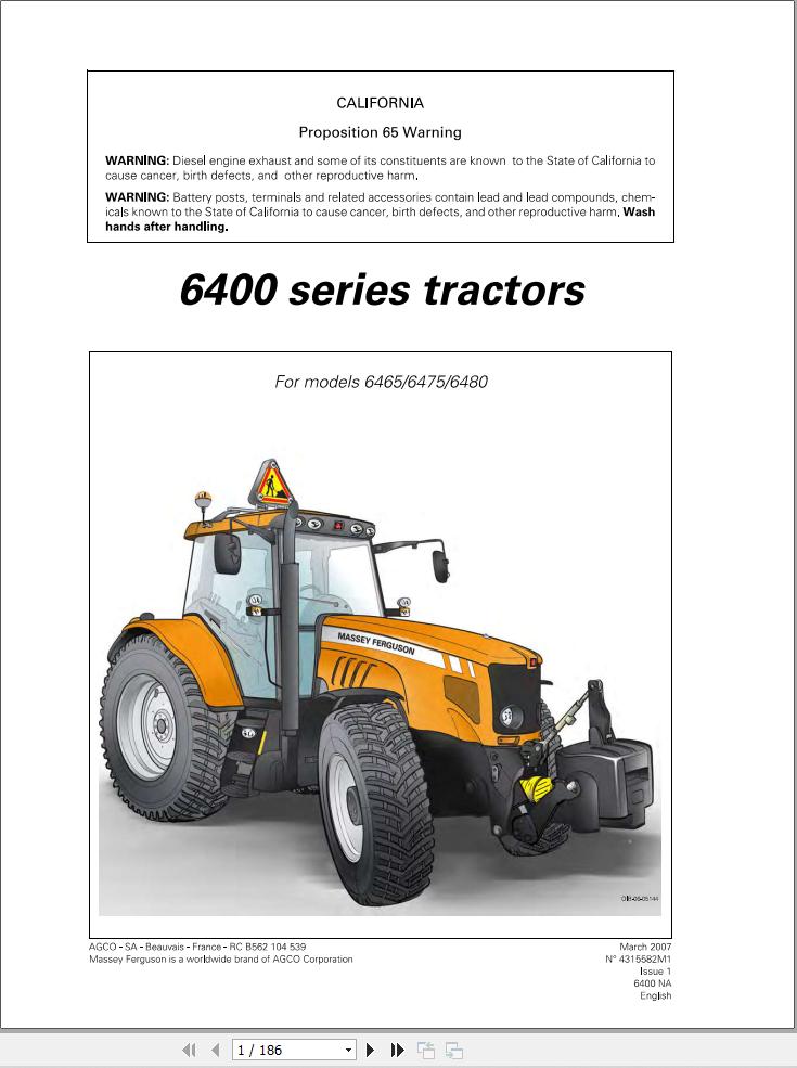 Massey Ferguson Tractor 6465 6475 6480 Operator Manual 4315582M1 1