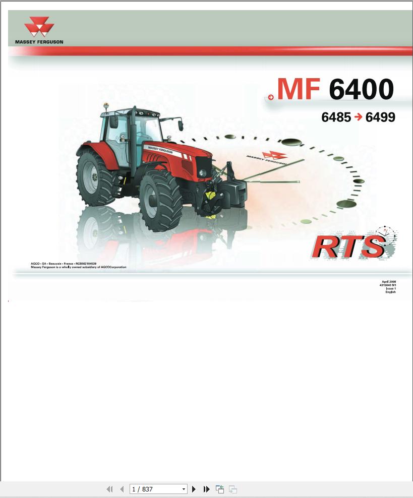 Massey Ferguson Tractor 6485 6490 6495 6497 6499 Repair Time Schedule 4315840M1 1