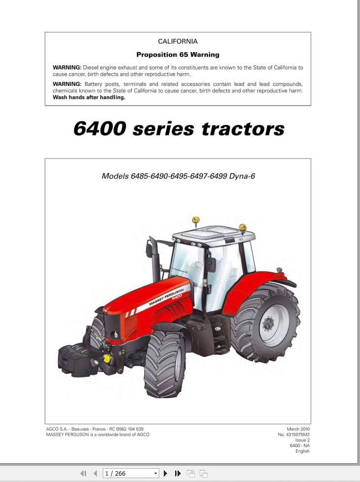 Massey Ferguson Tractor 6485 to 6499 Dyna 6 Operator Manual 4315075M2 1