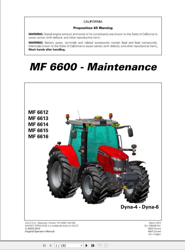 Massey Ferguson Tractor 6612 to 6616 Dyna 4 6 Maintenance Manual 7060481M1 1