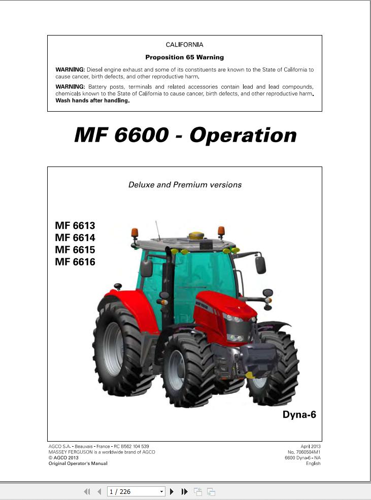Massey Ferguson Tractor 6613 6614 6615 6616 Dyna6 Operation Manual 7060504M1 1