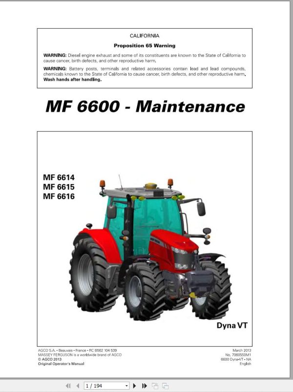 Massey Ferguson Tractor 6614 6615 6616 Dyna VT Maintenance Manual 7060550M1 1