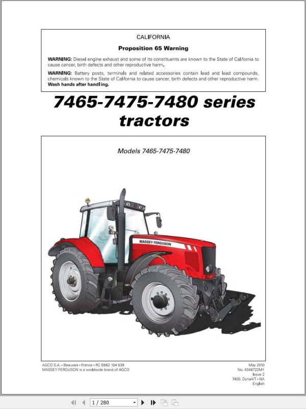 Massey Ferguson Tractor 7465 7475 7480 Operator Manual 1
