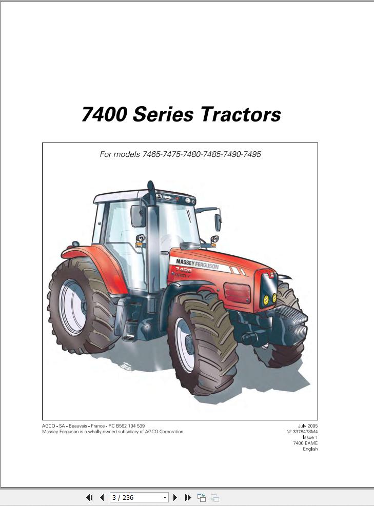 Massey Ferguson Tractor 7465 to 7495 Operator Manual 3378478M4 1