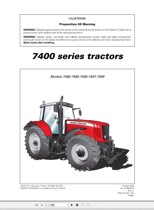 Massey Ferguson Tractor 7485 to 7499 Operation Manual 1