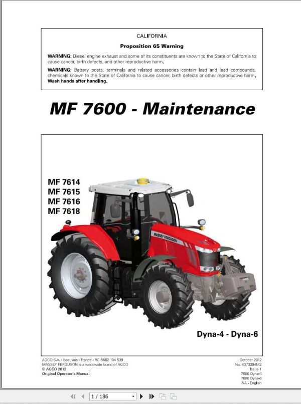 Massey Ferguson Tractor 7614 to 7618 Dyna 4 6 Operator Manual 4373394M2 1