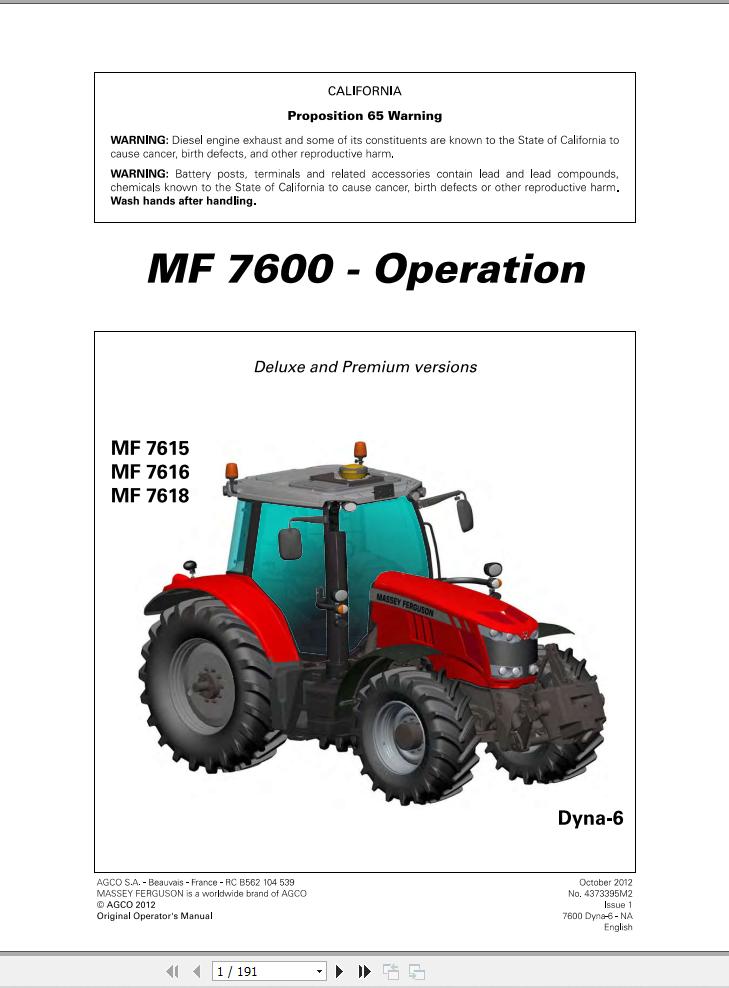 Massey Ferguson Tractor 7615 7616 7618 Dyna 6 Operation Manual 1