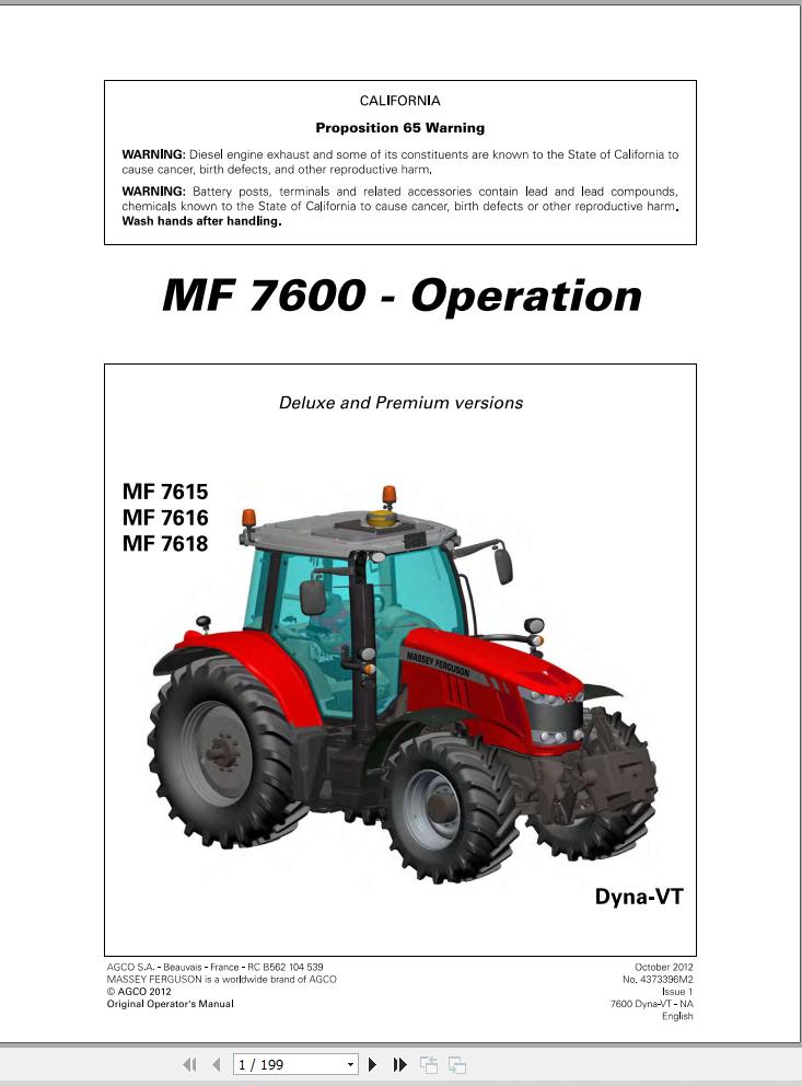Massey Ferguson Tractor 7615 7616 7618 Dyna VT Operation Manual 1