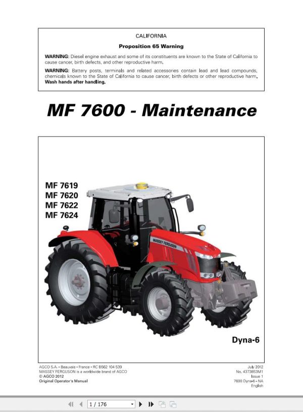 Massey Ferguson Tractor 7619 7620 7622 7624 Dyna 6 Operation Manual 4373853M1 1