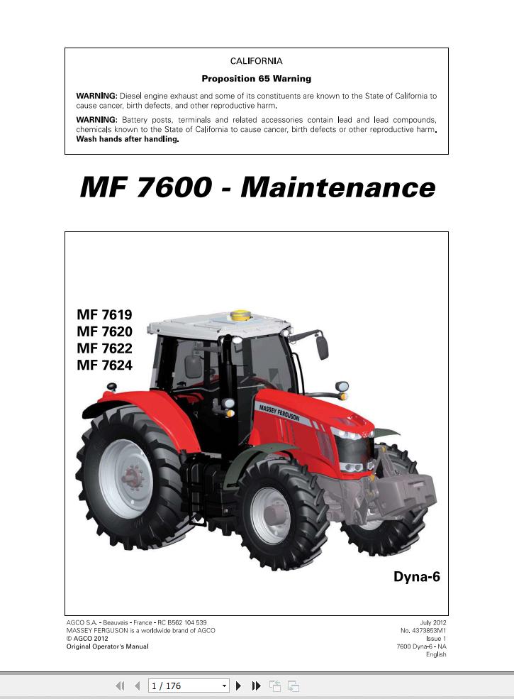 Massey Ferguson Tractor 7619 7620 7622 7624 Dyna 6 Operation Manual 4373853M1 1