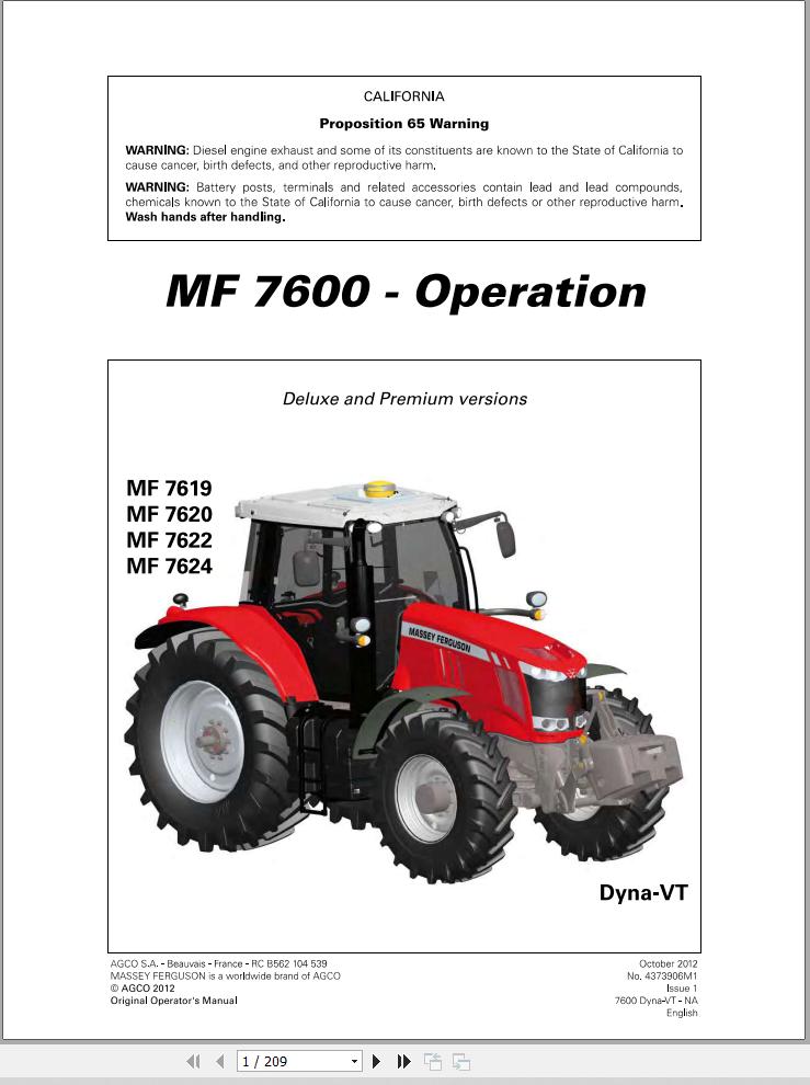 Massey Ferguson Tractor 7619 7620 7622 7624 Dyna VT Operation Manual 1