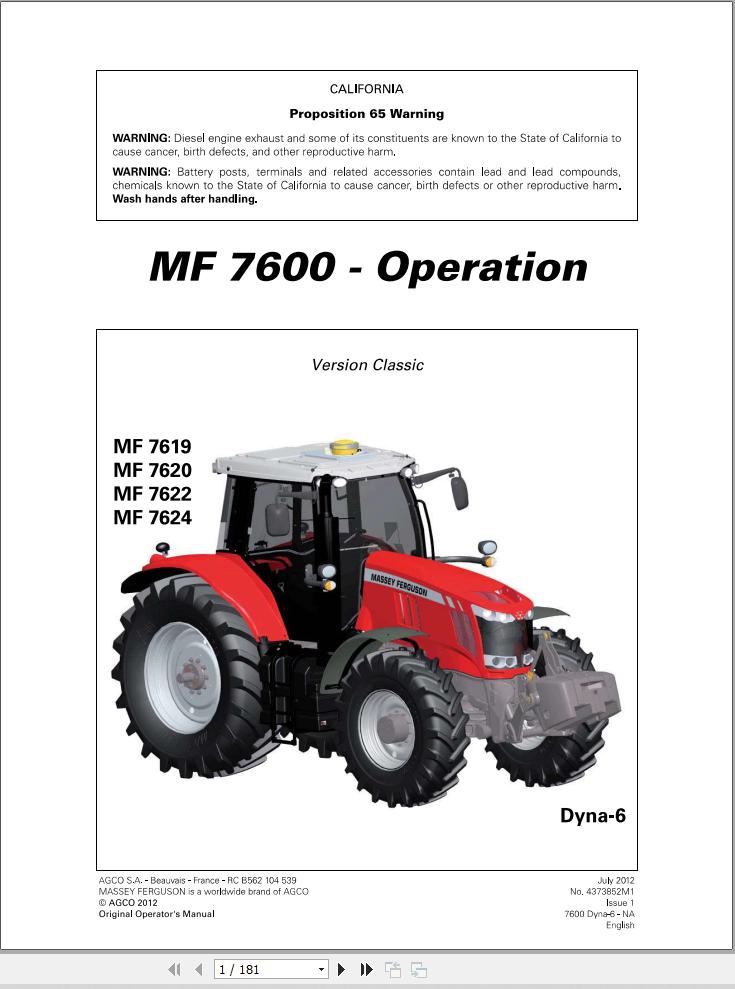 Massey Ferguson Tractor 7619 7620 7622 7624 Operation Manual 4373852M1 1