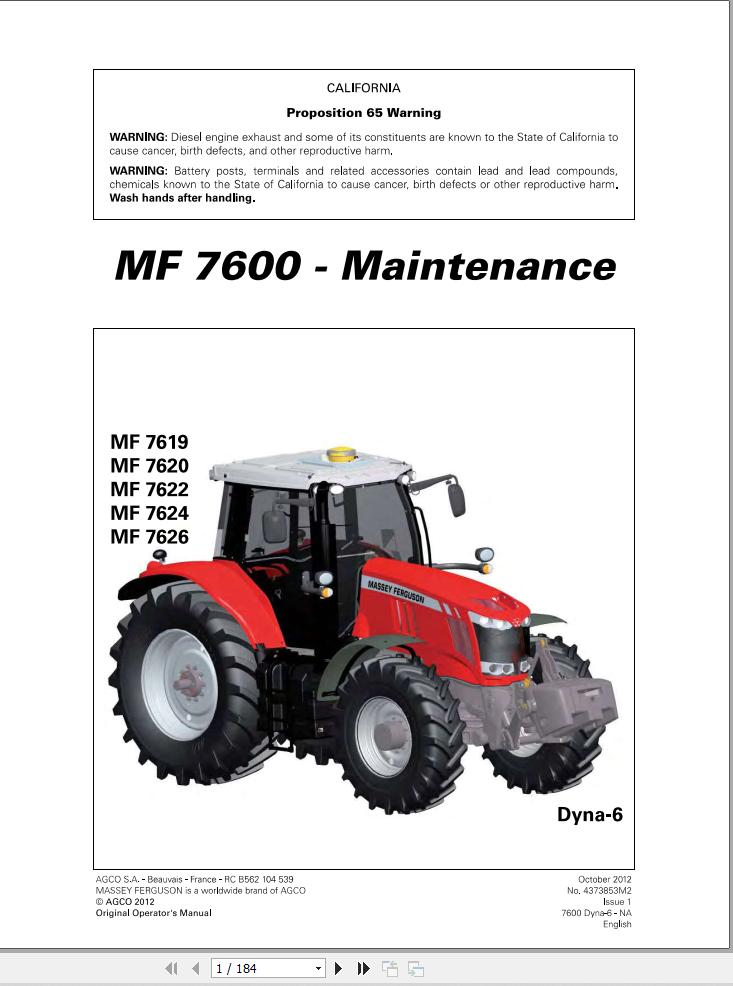 Massey Ferguson Tractor 7619 to 7626 Dyna 6 Maintenance Manual 4373853M2 1