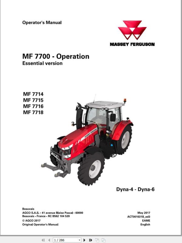 Massey Ferguson Tractor 7714 7715 7716 7718 Dyna 4 6 Operation Manual ACT001031B 1