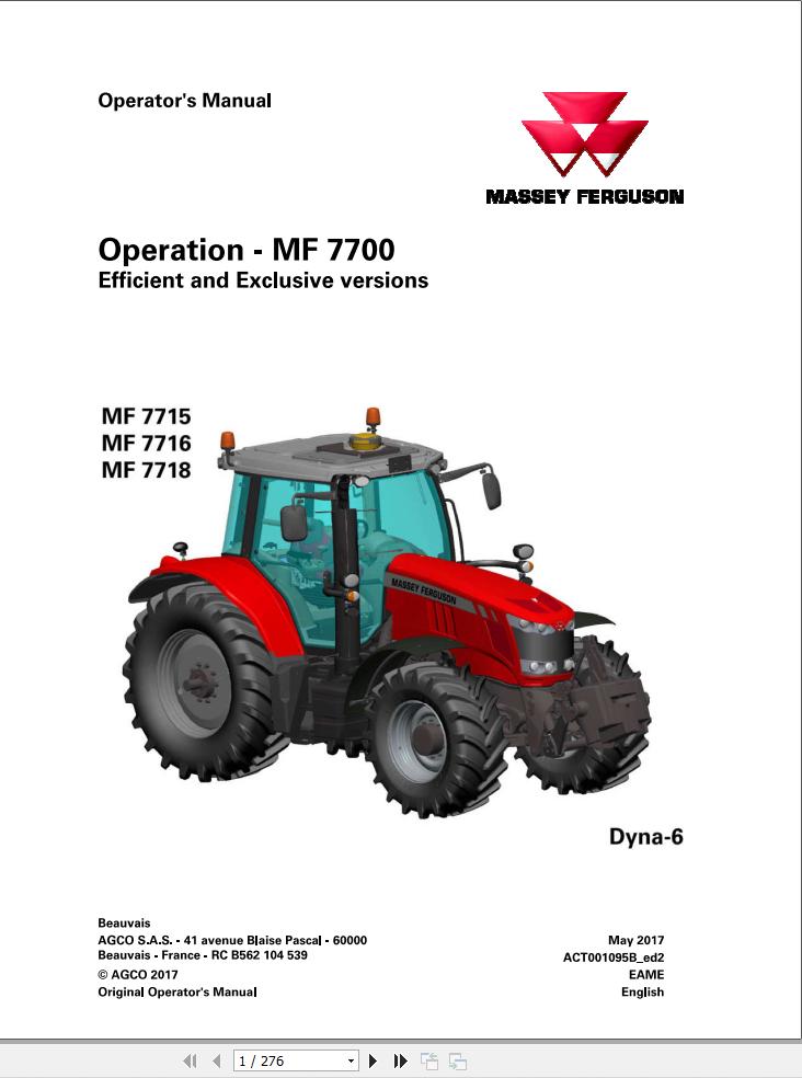 Massey Ferguson Tractor 7715 7716 7718 Dyna 6 Operation Manual ACT001095B 1