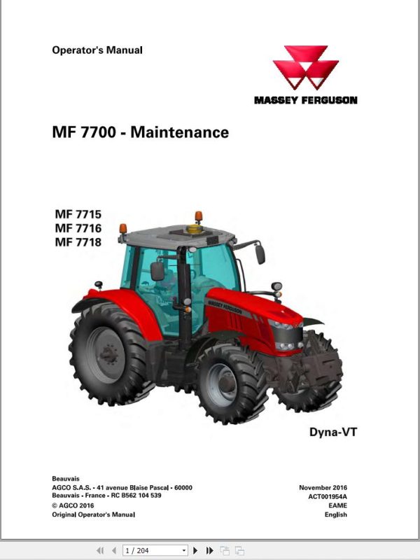 Massey Ferguson Tractor 7715 7716 7718 Dyna VT Operation Manual 1