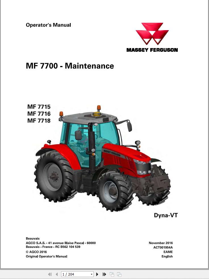 Massey Ferguson Tractor 7715 7716 7718 Dyna VT Operation Manual 1