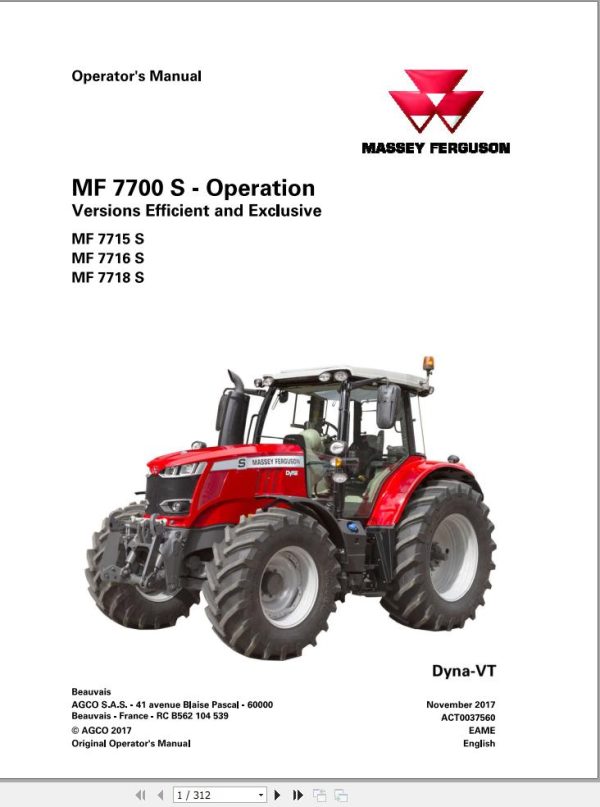 Massey Ferguson Tractor 7715S 7716S 7718S Dyna VT Operation Manual 1