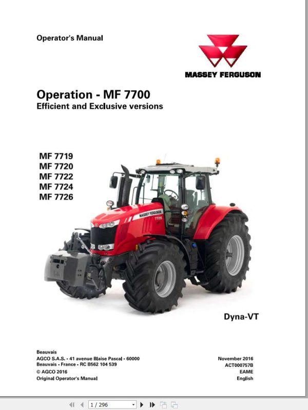 Massey Ferguson Tractor 7719 to 7726 Dyna VT Operation Maintenance Manual 1