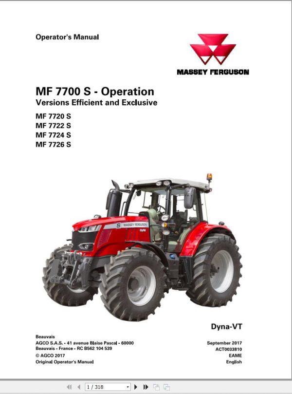Massey Ferguson Tractor 7720S 7722S 7724S 7726S Dyna VT Operator Maintenance Manual 1