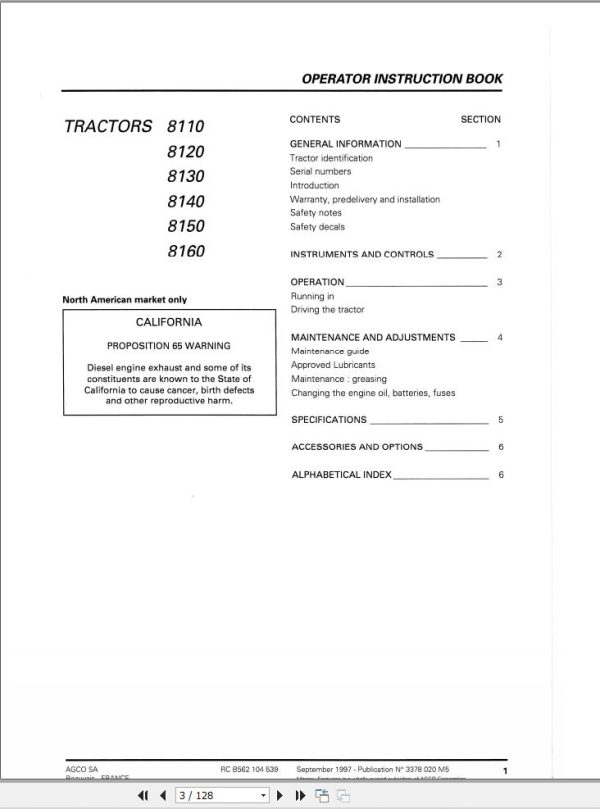 Massey Ferguson Tractor 8110 to 8160 Operator Manual 3378020M5 1
