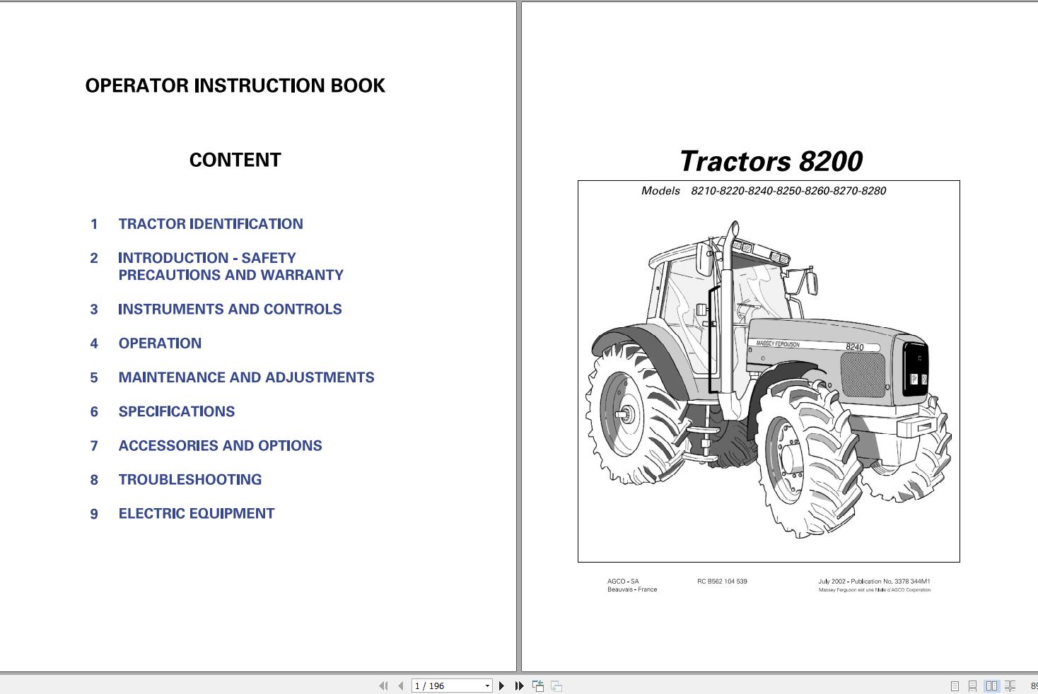 Massey Ferguson Tractor 8210 to 8280 Operator Manual 3378344M1 1