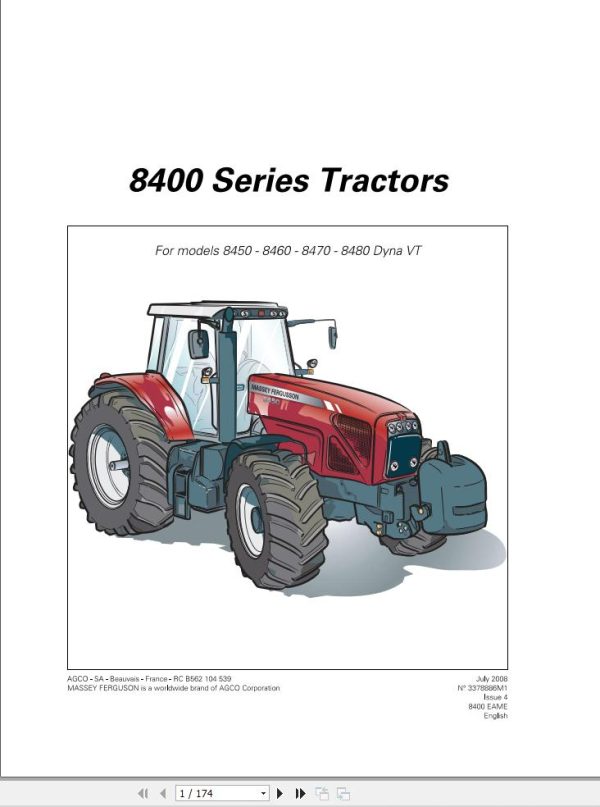 Massey Ferguson Tractor 8450 8460 8470 8480 Dyna VT Operator Manual 3378886M1 1