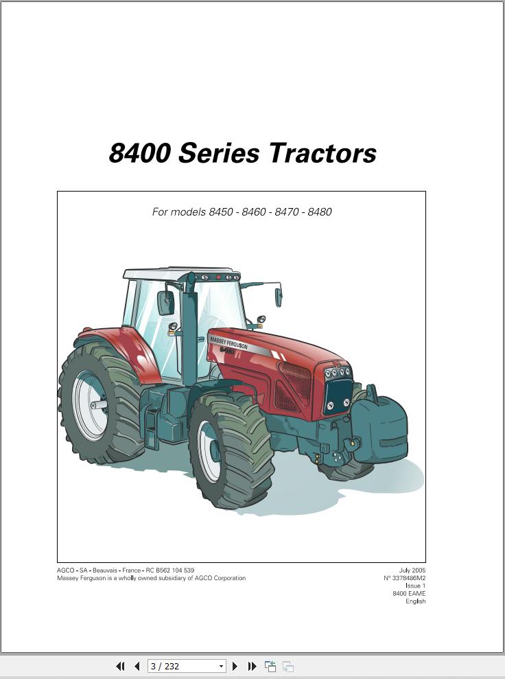 Massey Ferguson Tractor 8450 8460 8470 8480 Operator Manual 3378486M2 1